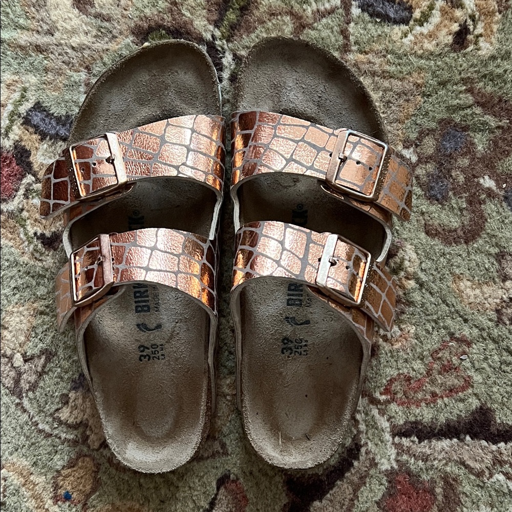 Birkenstock Metallic Copper Croc-Embossed Arizona Sandals